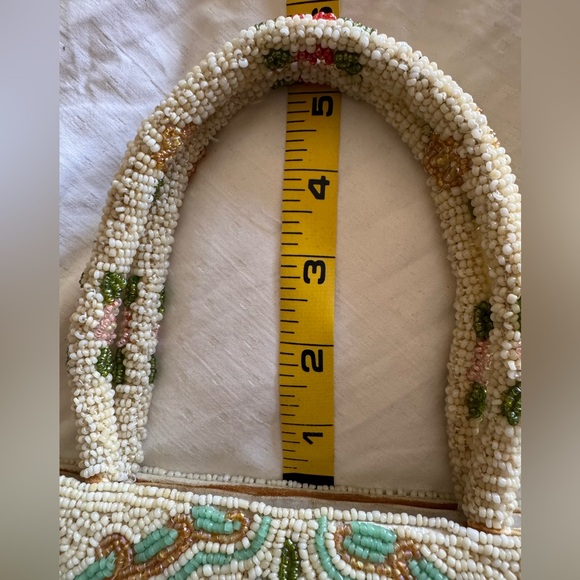 Vintage Beaded Bag with Cream, Pink & Green Floral Design. - Picture 8 of 11